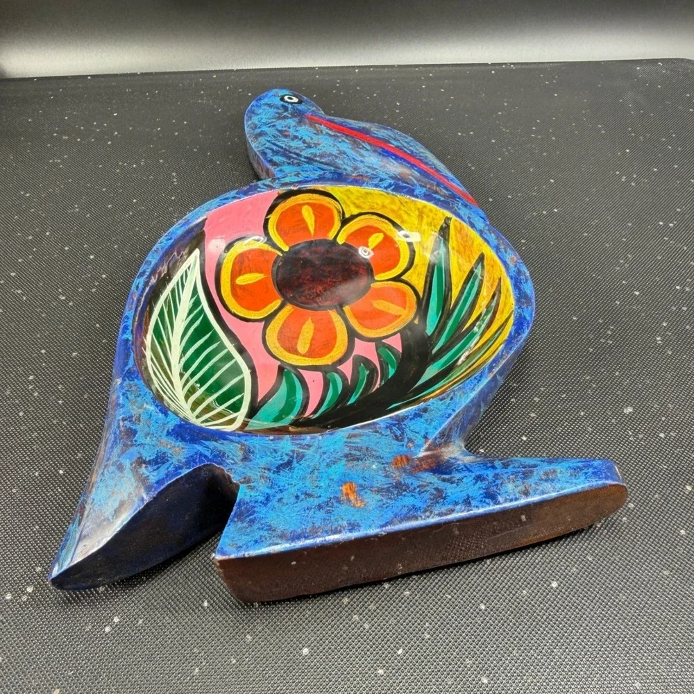 Vintage Hand Painted Wooden Pelican Bowl Floral Folk‎ Art Blue Decorative Dish